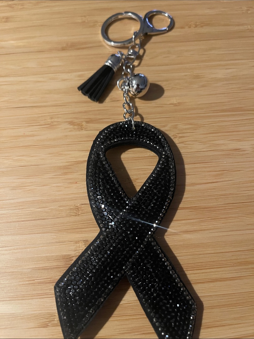 Awareness Black Ribbon Puff Rhinestone Keychain Bag Charm - Picture 3 of 3
